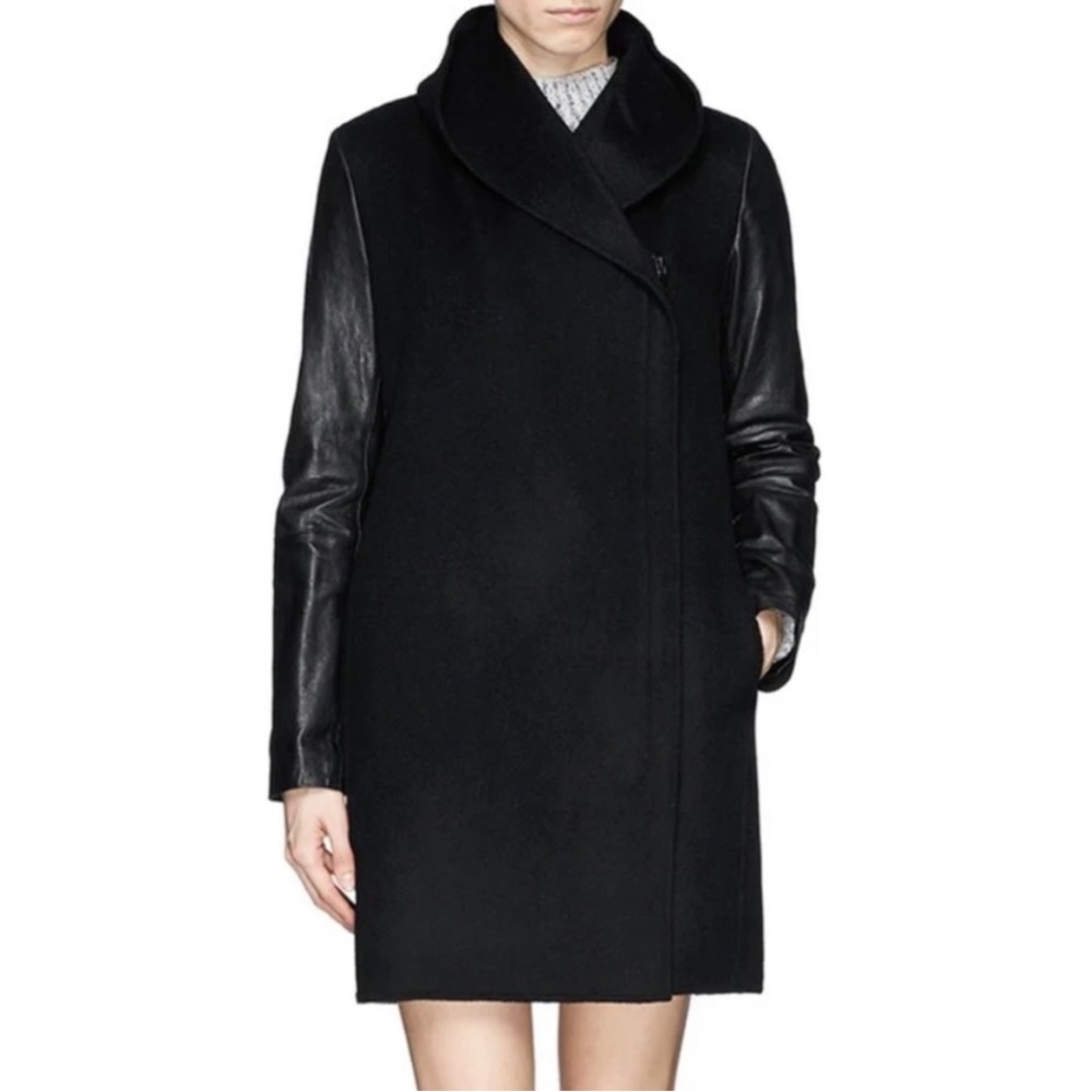 VINCE Black Leather-Sleeve Shawl Collar Wool Trench Minimalist Coat Size XS